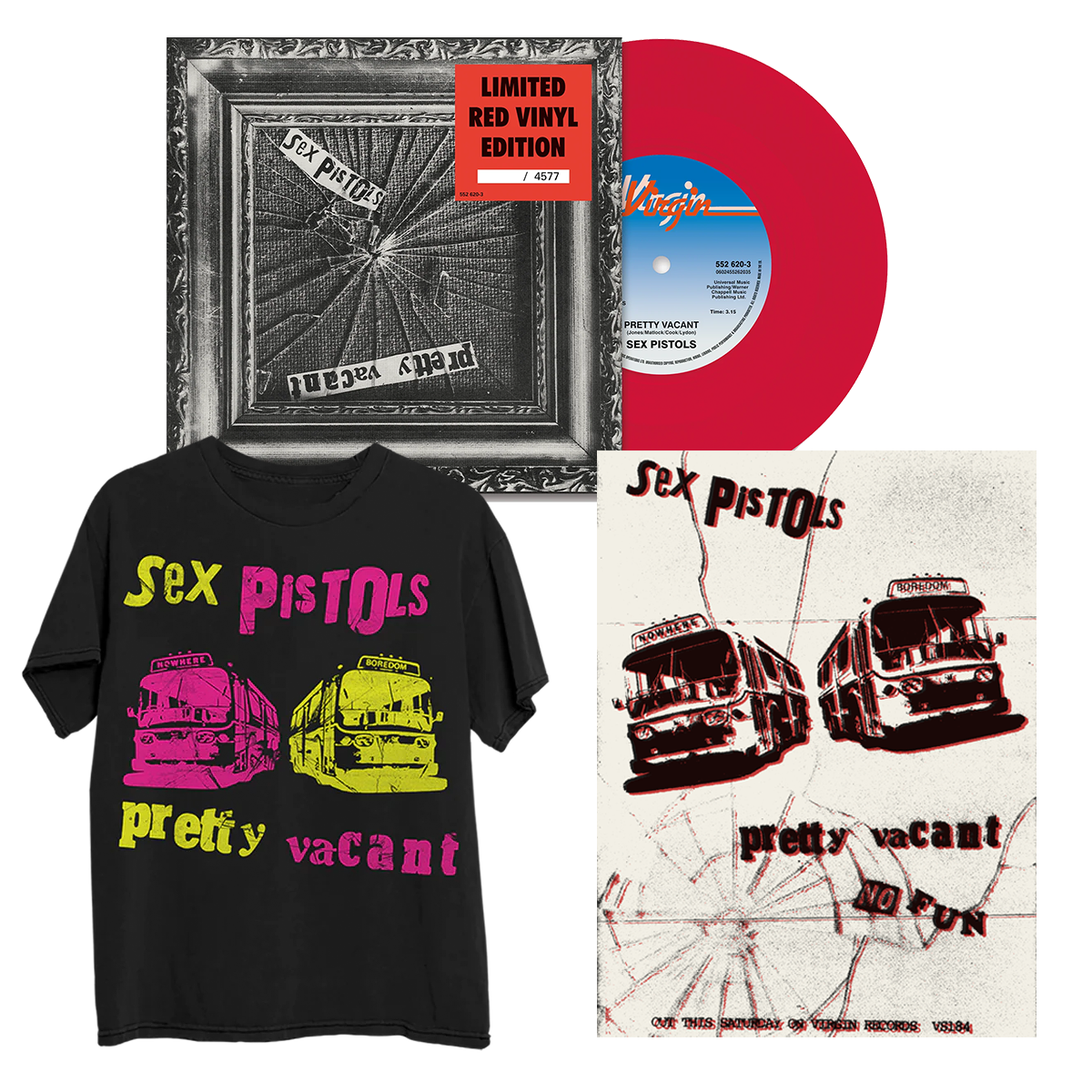 PRETTY VACANT: Red Vinyl 7" Single + Pretty Vacant Don’t Care T-Shirt + Pretty Vacant Poster